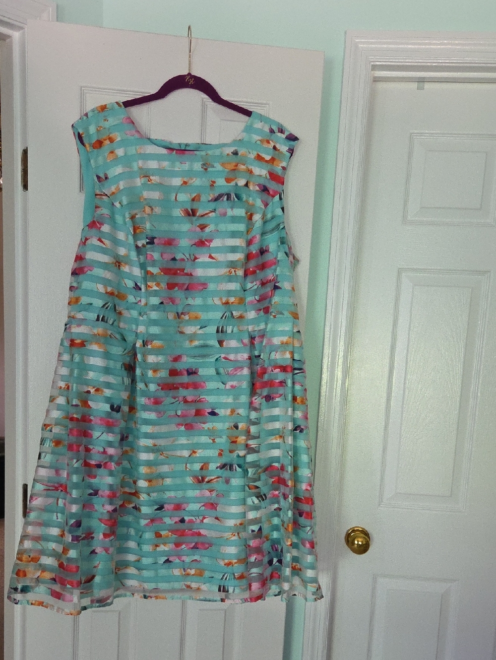 Sandra Darren Aqua Striped Floral A-Line Dress